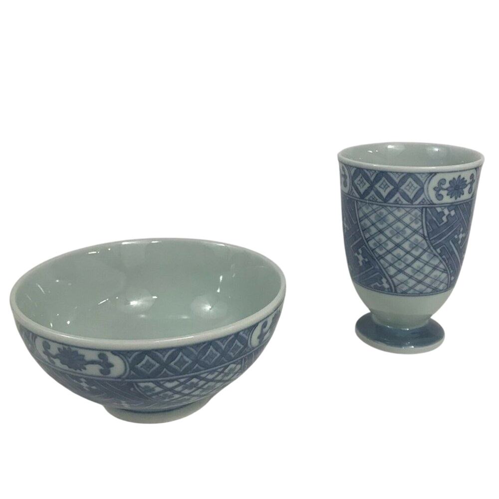 Japanese Rice Bowl And Tea Cup Ceramic Blue Flower Set New Unused Vintage